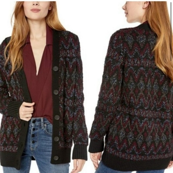 Lucky Brand Button Up Chunky Knit Cardigan Sweater M Fair Isle Black Metallic - Picture 2 of 16